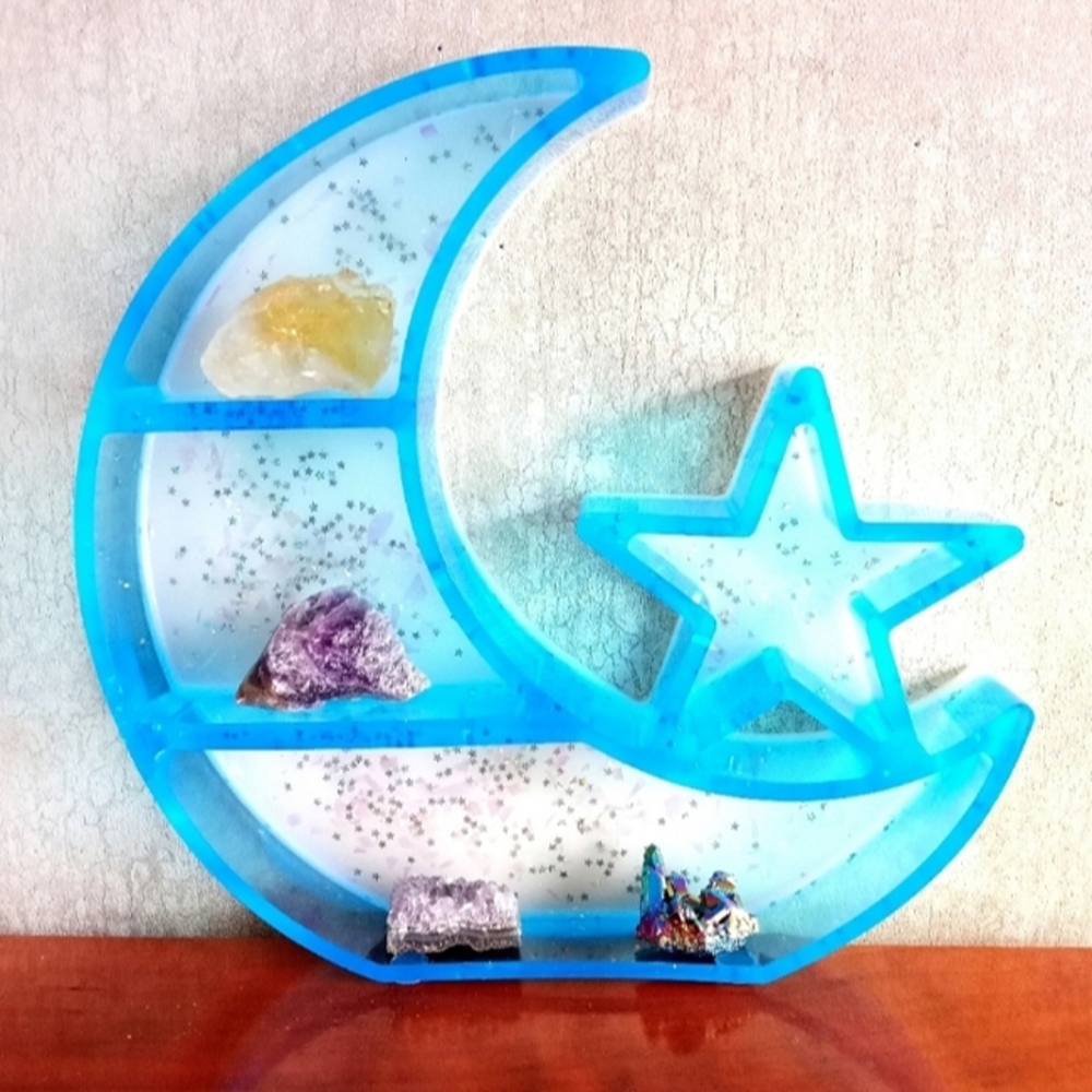 Blue and white opal glitter crescent moon star shelf resin decor wall hanging